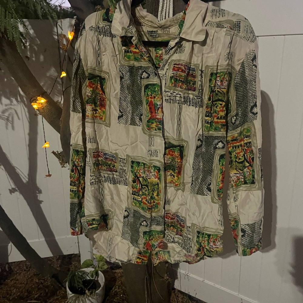 Multicolor funky artsy nature Print vintage long sleeve breezy button up